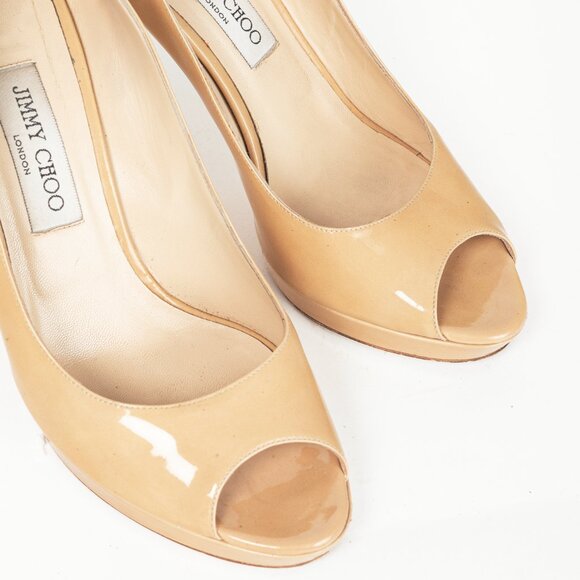 Jimmy Choo Luna Tan Patent-Leather Peep-Toe Platform Pumps - Picture 6 of 9
